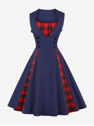 Plus Size Plaid Print Patchwork Buttons 1950s Vintage Dress -  