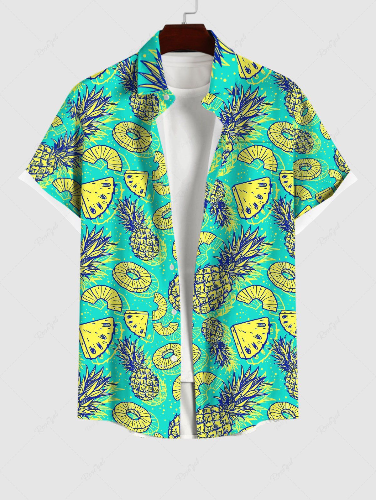 Best Plus Size Pineapple Print Hawaii Buttons Pocket Hawaii Shirt For Men  