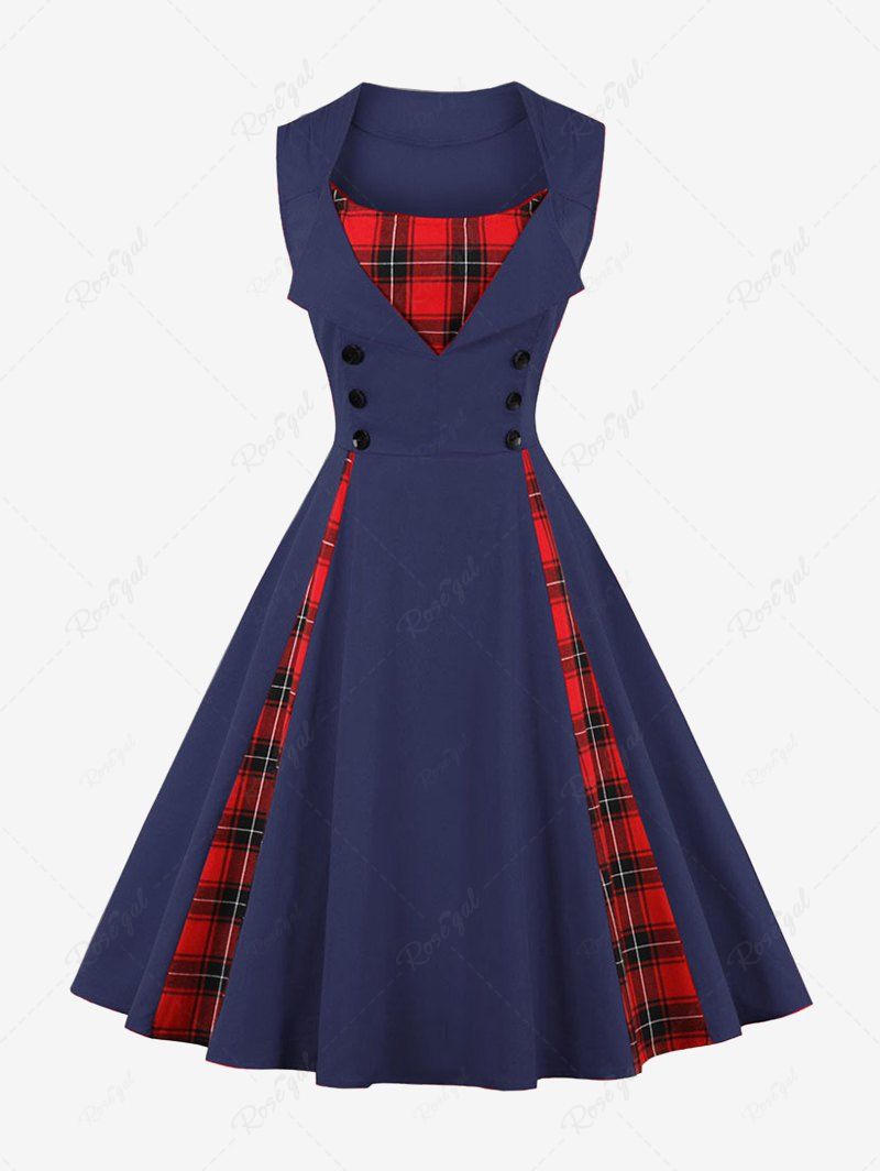 Store Plus Size Plaid Print Patchwork Buttons 1950s Vintage Dress  