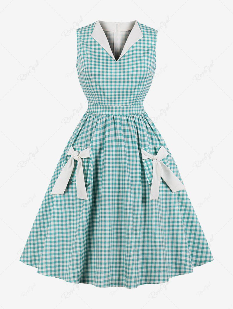 Sale Plus Size Plaid Print Bowknot Pockets Ruched Zipper 1950s Vintage Dress  