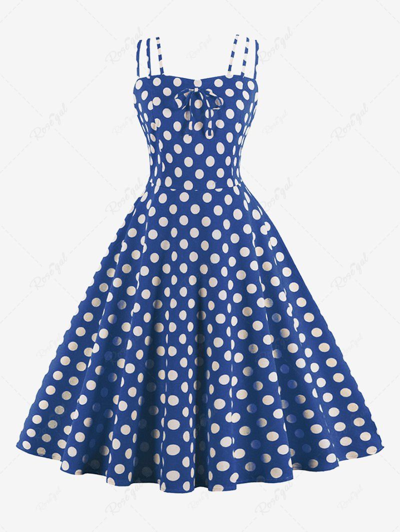 Unique Plus Size Polka Dot Print Tie Bowknot Vintage Tank Dress  