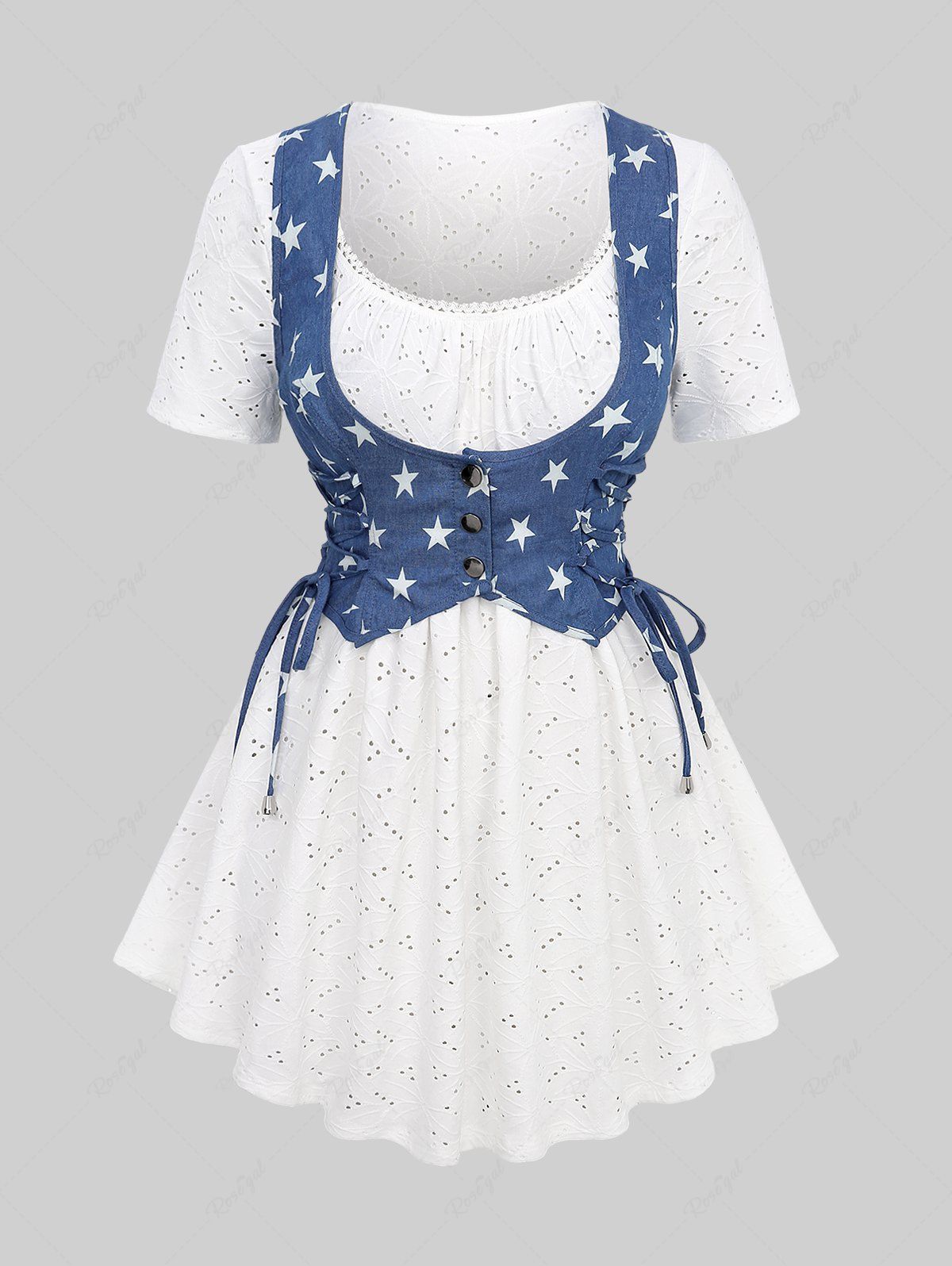 Store Plus Size Star Print Lace-up Buttons Lace Trim Hollow Out 2 In 1 Top  
