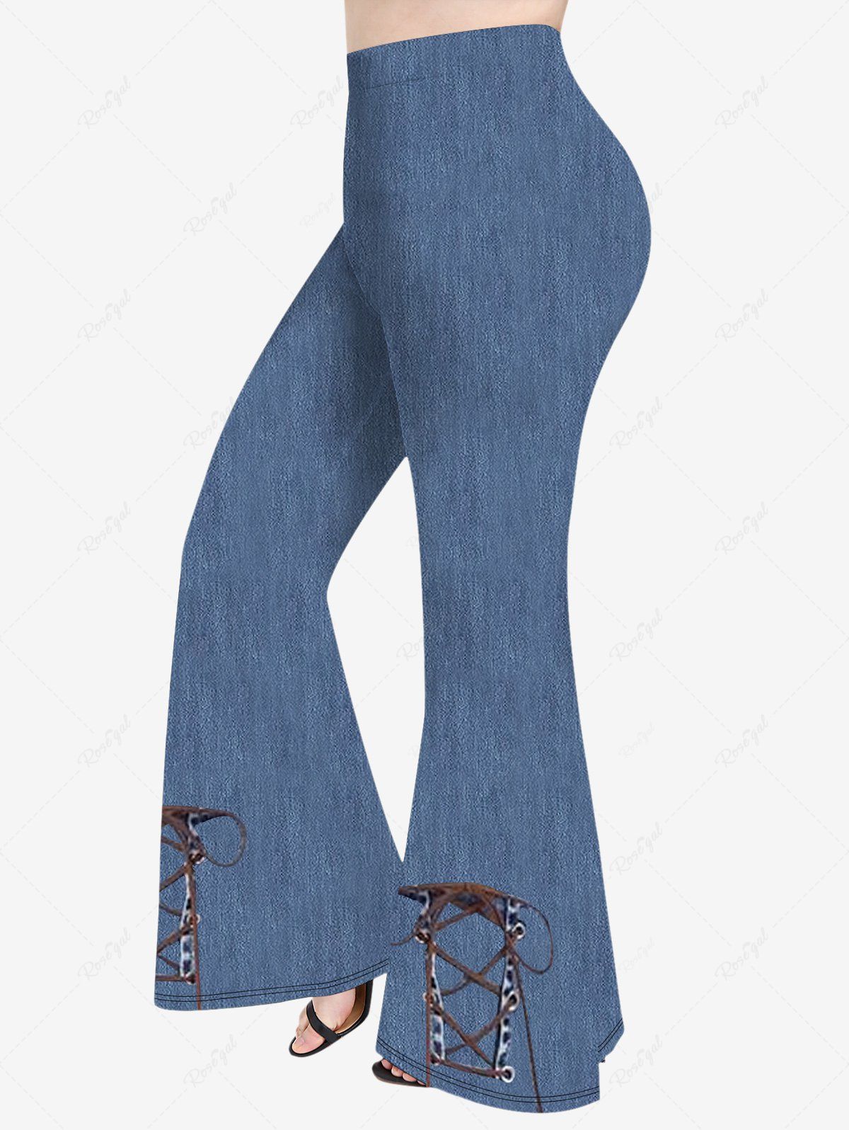 Pantalon Evasé 3D Denim Imprimé de Grande Taille à Lacets Bleu L
