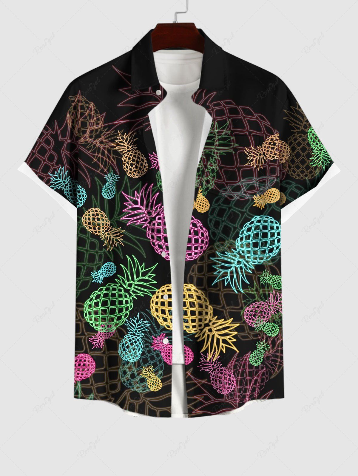 Discount Plus Size Colorful Ombre Pineapple Print Hawaii Button Pocket Shirt For Men  