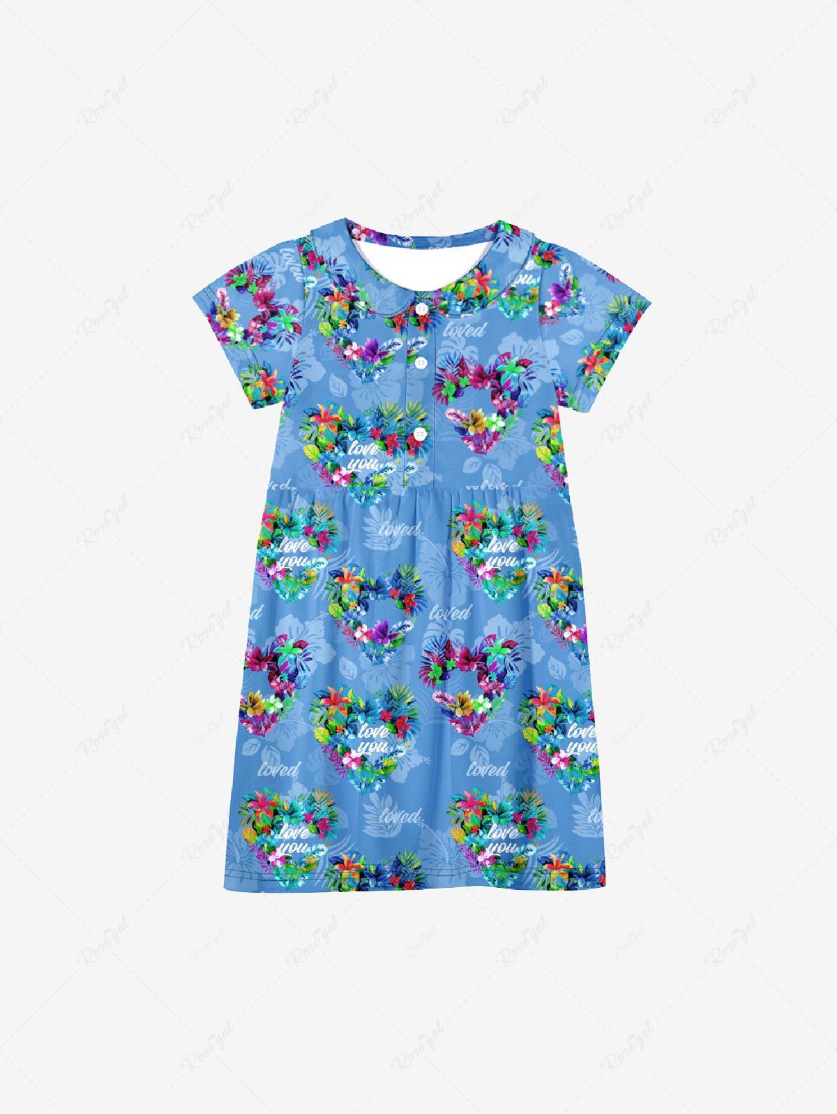 Fancy Kid's Flower Heart Letters Print Hawaii Ombre Button Dress  