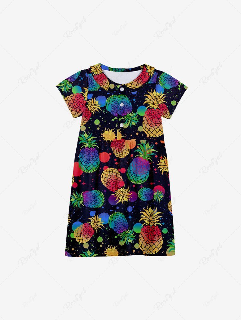 Fashion Kid's Colorful Pineapple Paint Splatter Print Buttons Peter Pan Collar Hawaii Dress  
