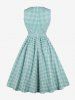 Plus Size Plaid Print Bowknot Pockets Ruched Zipper 1950s Vintage Dress -  