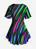 Plus Size Galaxy Stripes Graffiti Print Lattice Crisscross T-shirt -  