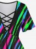 Plus Size Galaxy Stripes Graffiti Print Lattice Crisscross T-shirt -  