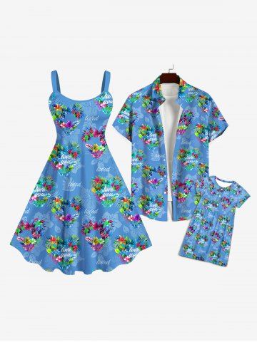 Flower Heart Letters Print Plus Size Matching Hawaii Beach Outfit For Family - BLUE