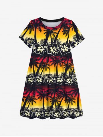 Coconut Tree Flower Ombre Colorblock Print Plus Size Matching Hawaii Beach Outfit For Family