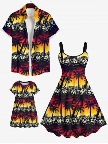 Coconut Tree Flower Ombre Colorblock Print Plus Size Matching Hawaii Beach Outfit For Family