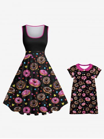 Sweet Doughnuts Heart Print Dress Plus Size Matching Set Mommy & Me Outfit - BLACK