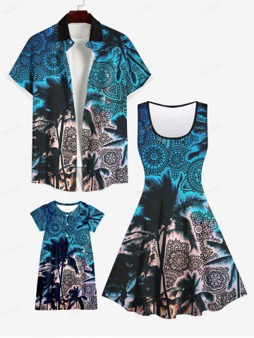 Coconut Tree Vintage Floral Print Plus Size Matching Hawaii Beach Outfit For Family