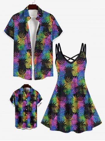 Colorful Pineapple Colorblock Print Plus Size Matching Hawaii Beach Outfit For Family - BLACK