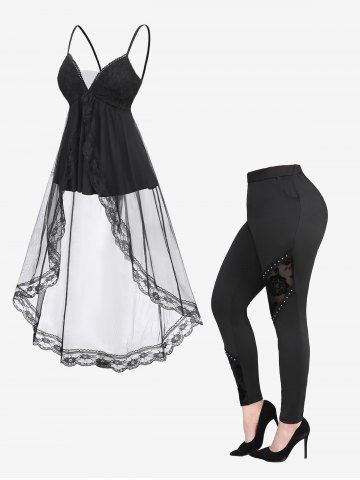 Floral Lace Overlay Flounce Hem High Low Top and Rose Flower Flocking Mesh Patchwork Pocket Leggings Plus Size Outfit - BLACK