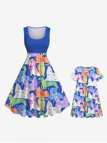 Colorful Fluffy Dog Stars Print Dress Plus Size Matching Set Mommy & Me Outfit - BLUE