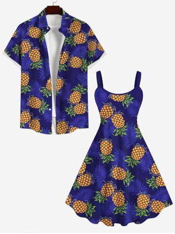 Pineapple Coconut Leaves Print Dress and Button Pocket Shirt Plus Size Matching Hawaii Beach Outfit For Couples - BLUE