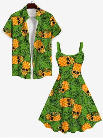 Skulls Pineapple Coconut Leaves Print Dress and Button Shirt Plus Size Matching Hawaii Beach Outfit For Couples