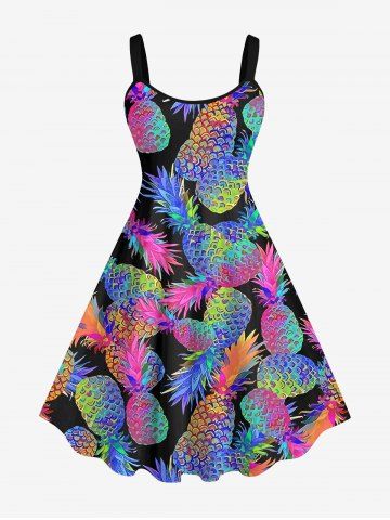 Plus Size Colorful Pineapple Print Tank Dress - BLACK - S