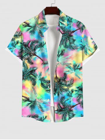 Plus Size Coconut Tree Colorful Ombre Print Buttons Pocket Hawaii Shirt For Men - MULTI-A - XL