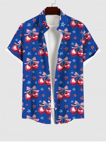 Plus Size Patriotic American Flag Star Bowknot Cherry Fruit Print Buttons Pocket Shirt For Men - SKY BLUE - S