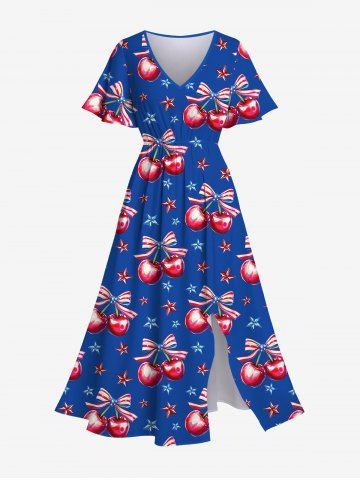 Plus Size Patriotic American Flag Star Bowknot Cherry Fruit Print Split Dress - SKY BLUE - XS