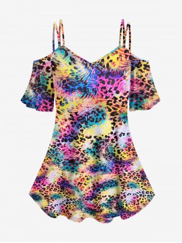Plus Size Leopard Colorful Trippy Print Cold Shoulder T-shirt