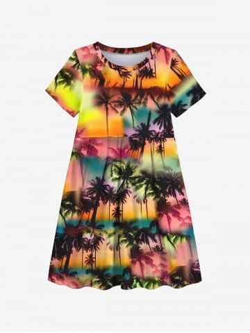 Kid's Coconut Tree Ombre Colorful Colorblock Print Hawaii Dress - BLACK - 100