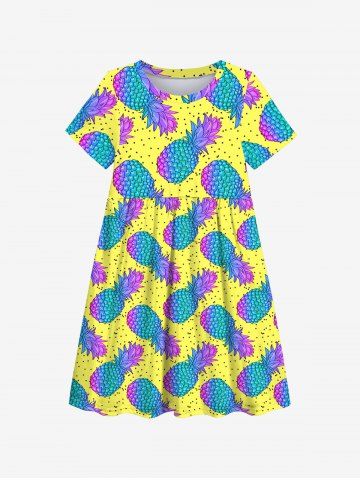Kid's Colorful Ombre Pineapple Pin Dot Print Hawaii Dress - YELLOW - 130