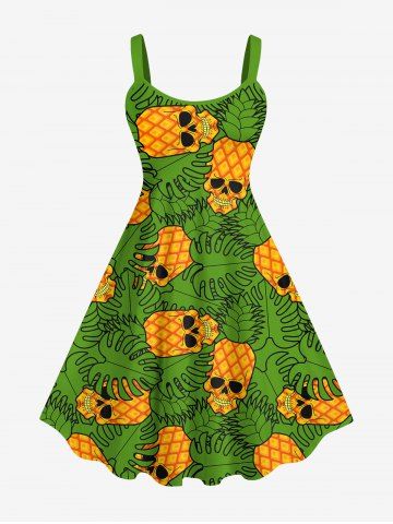 Plus Size Skulls Pineapple Coconut Leaves Print Hawaii Backless A Line Tank Dress - BLACK - 1X