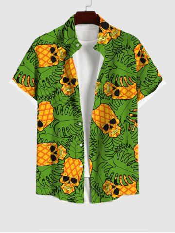 Plus Size Skulls Pineapple Coconut Leaves Print Hawaii Button Pocket Shirt For Men - BLACK - M