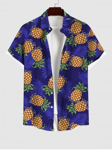 Plus Size Pineapple Coconut Leaves Print Hawaii Button Pocket Shirt For Men - BLUE - S