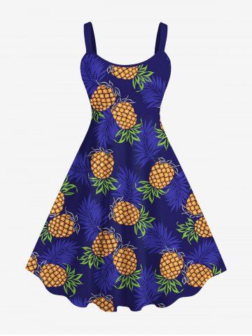 Plus Size Pineapple Coconut Leaves Print Hawaii Backless A Line Tank Dress - BLUE - XS