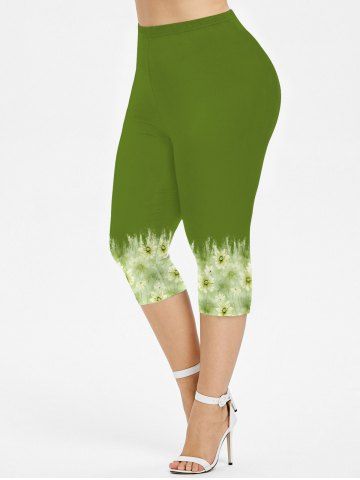 Plus Size Daisy Flower Tie Dye Ombre Print Capri Leggings - GREEN - S