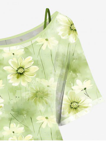 Plus Size Solid Cami Top and Skew Neck Batwing Sleeves Daisy Flower Tie Dye Ombre Print T-shirt Set