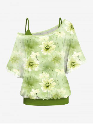 Plus Size Solid Cami Top and Skew Neck Batwing Sleeves Daisy Flower Tie Dye Ombre Print T-shirt Set - GREEN - 1X