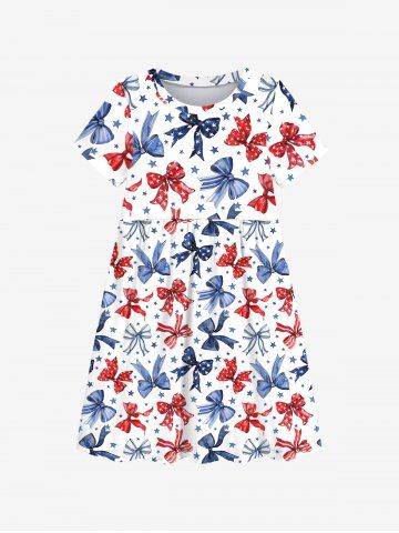 Kid's Patriotic American Flag Bowknot Star Print Dress - WHITE - 120