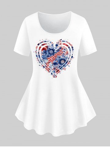 Plus Size Heart Patriotic American Flag Flower Print T-shirt - WHITE - S