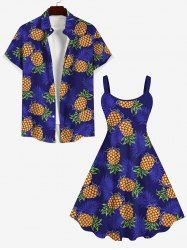 Pineapple Coconut Leaves Print Dress and Button Pocket Shirt Plus Size Matching Hawaii Beach Outfit For Couples -  