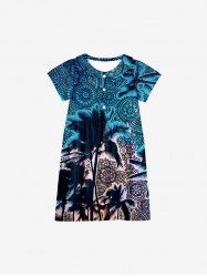 Kid's Vintage Floral Coconut Tree Circle Print Hawaii Button Dress -  