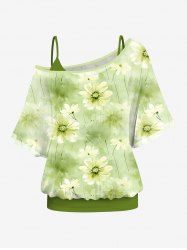 Plus Size Solid Cami Top and Skew Neck Batwing Sleeves Daisy Flower Tie Dye Ombre Print T-shirt Set -  