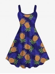 Robe Ligne A Nouée Feuille D'Ananas et Noix de Coco Imprimés de Grande Taille - Bleu 4X