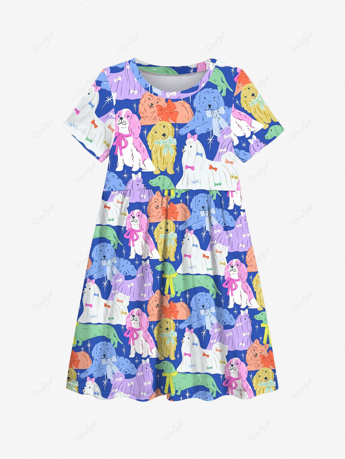 Unique Kid's Colorful Fluffy Dog Stars Print Dress  