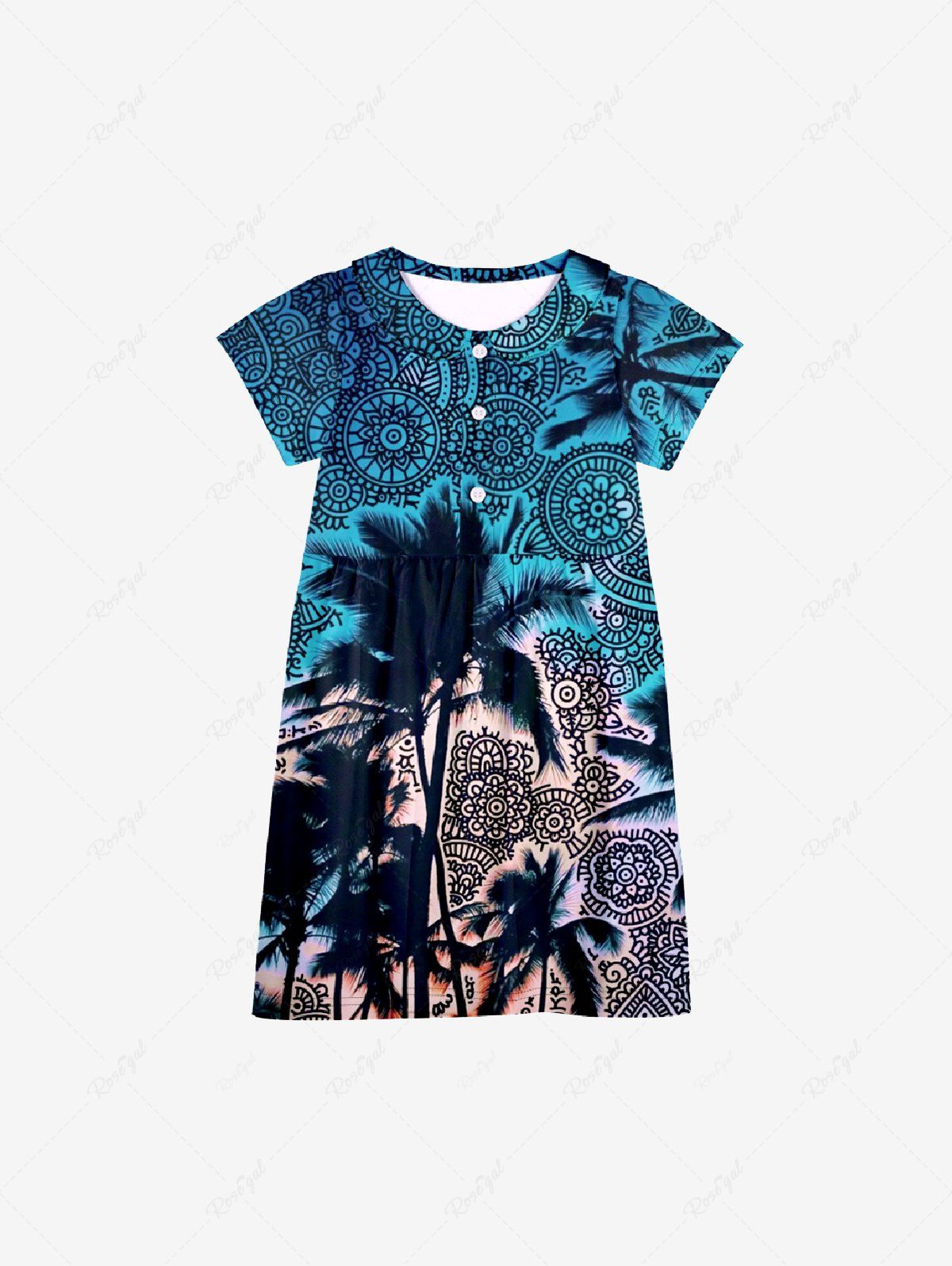 Outfits Kid's Vintage Floral Coconut Tree Circle Print Hawaii Button Dress  