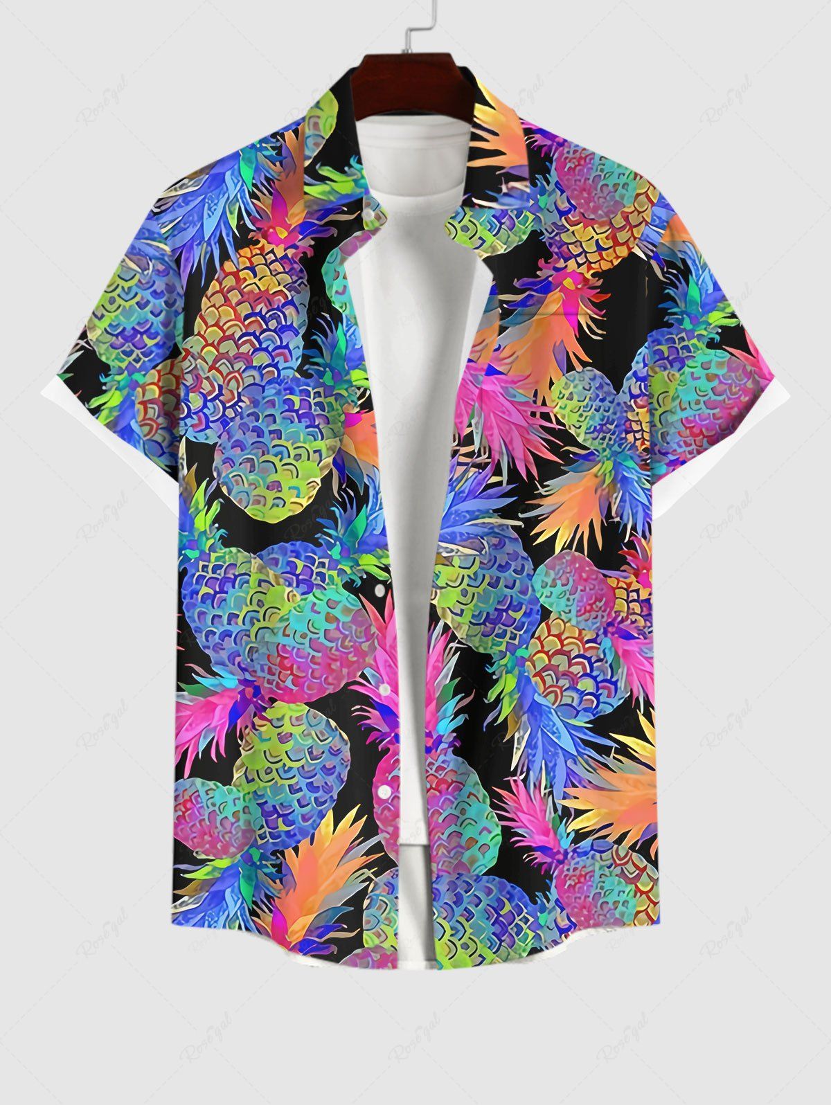Store Plus Size Ombre Colorful Pineapple Print Buttons Pocket Hawaii Shirt For Men  