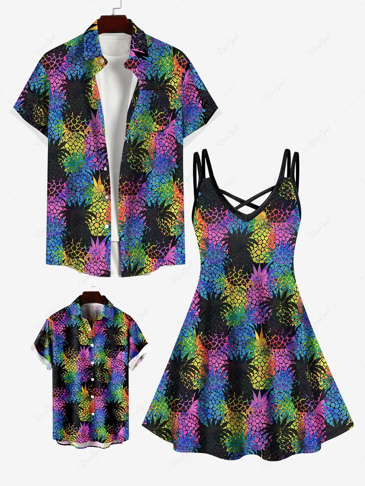Unique Colorful Pineapple Colorblock Print Plus Size Matching Hawaii Beach Outfit For Family  