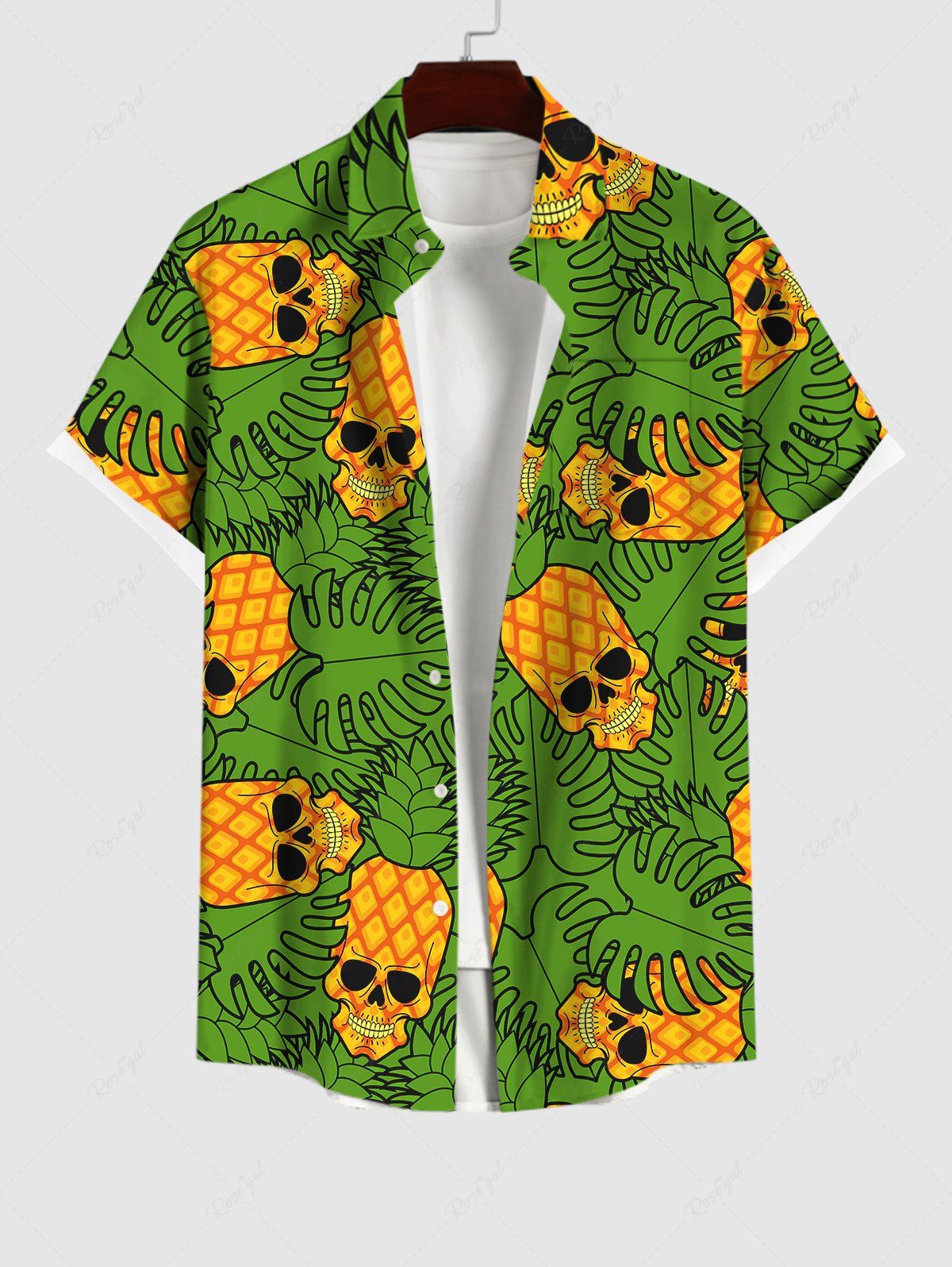 Outfits Plus Size Skulls Pineapple Coconut Leaves Print Hawaii Button Pocket Shirt For Men  