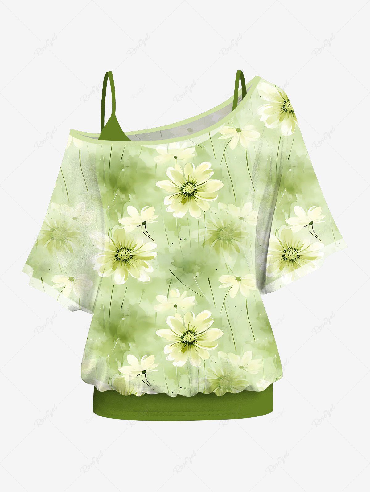 Fashion Plus Size Solid Cami Top and Skew Neck Batwing Sleeves Daisy Flower Tie Dye Ombre Print T-shirt Set  