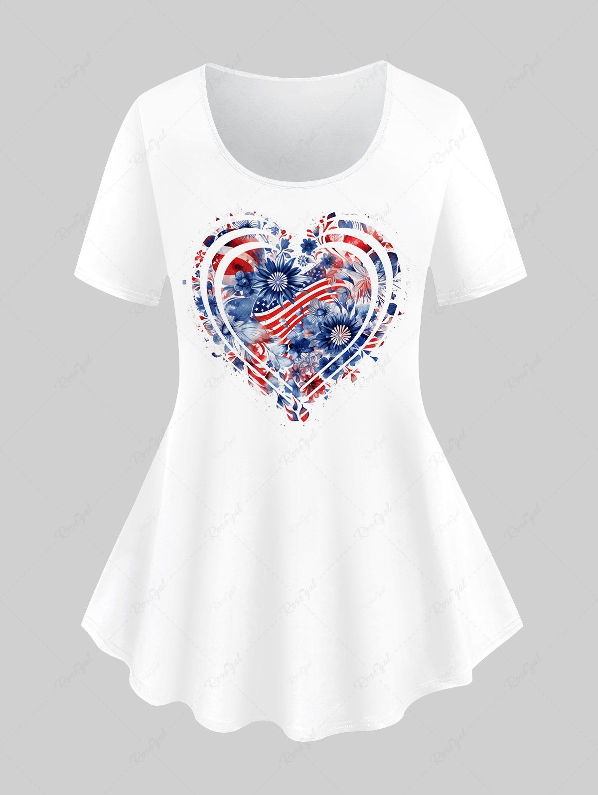 Buy Plus Size Heart Patriotic American Flag Flower Print T-shirt  